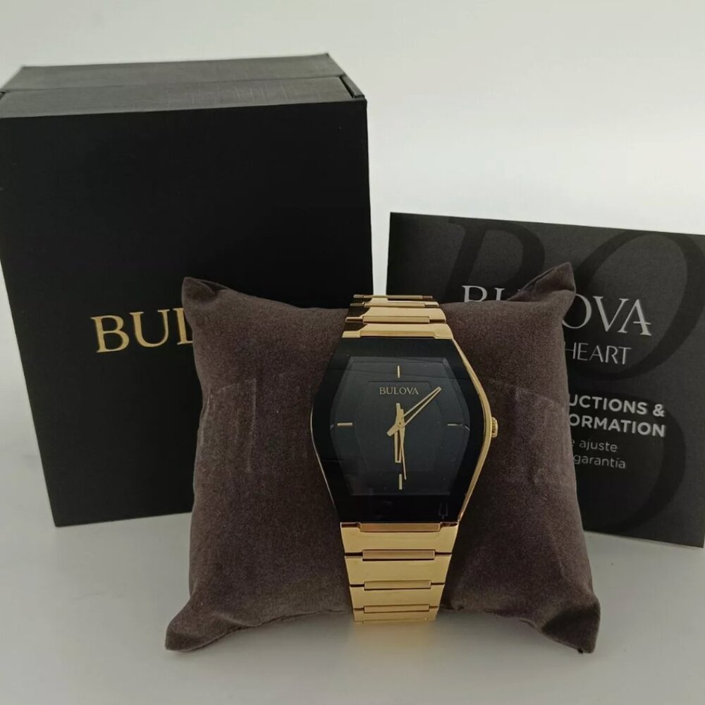 Bulova Mens Gold-Tone 40mm Black Face Watch New